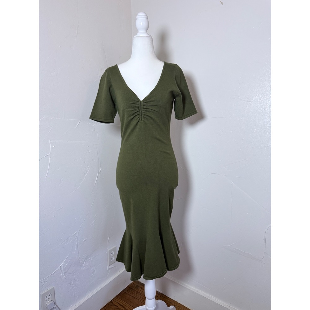 Milly Olive Green Ruched V-Neck Knit Mermaid Midi Dress Size M